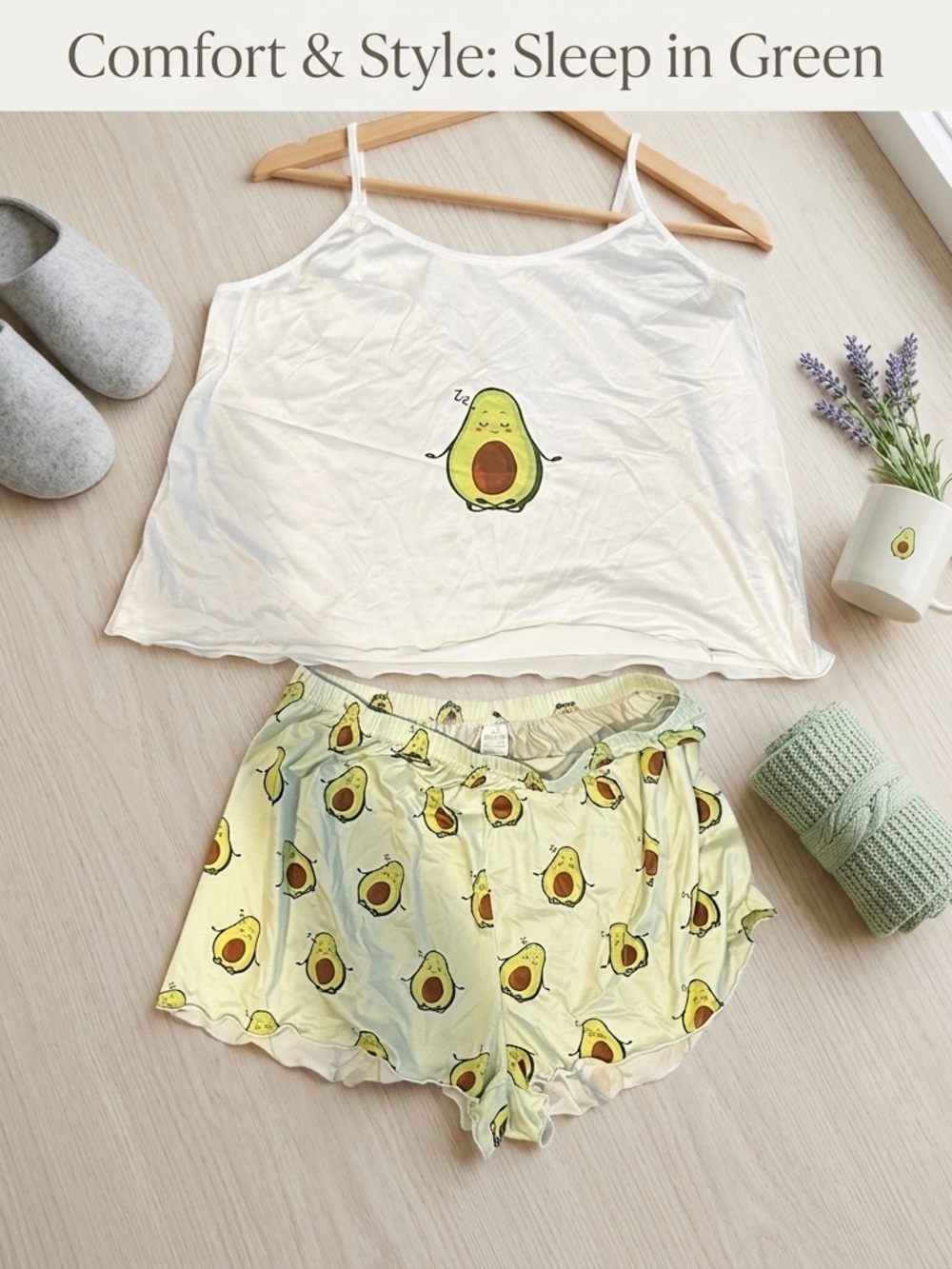 SHEIN White & Light Green Avocado Print Pajama Cami Set